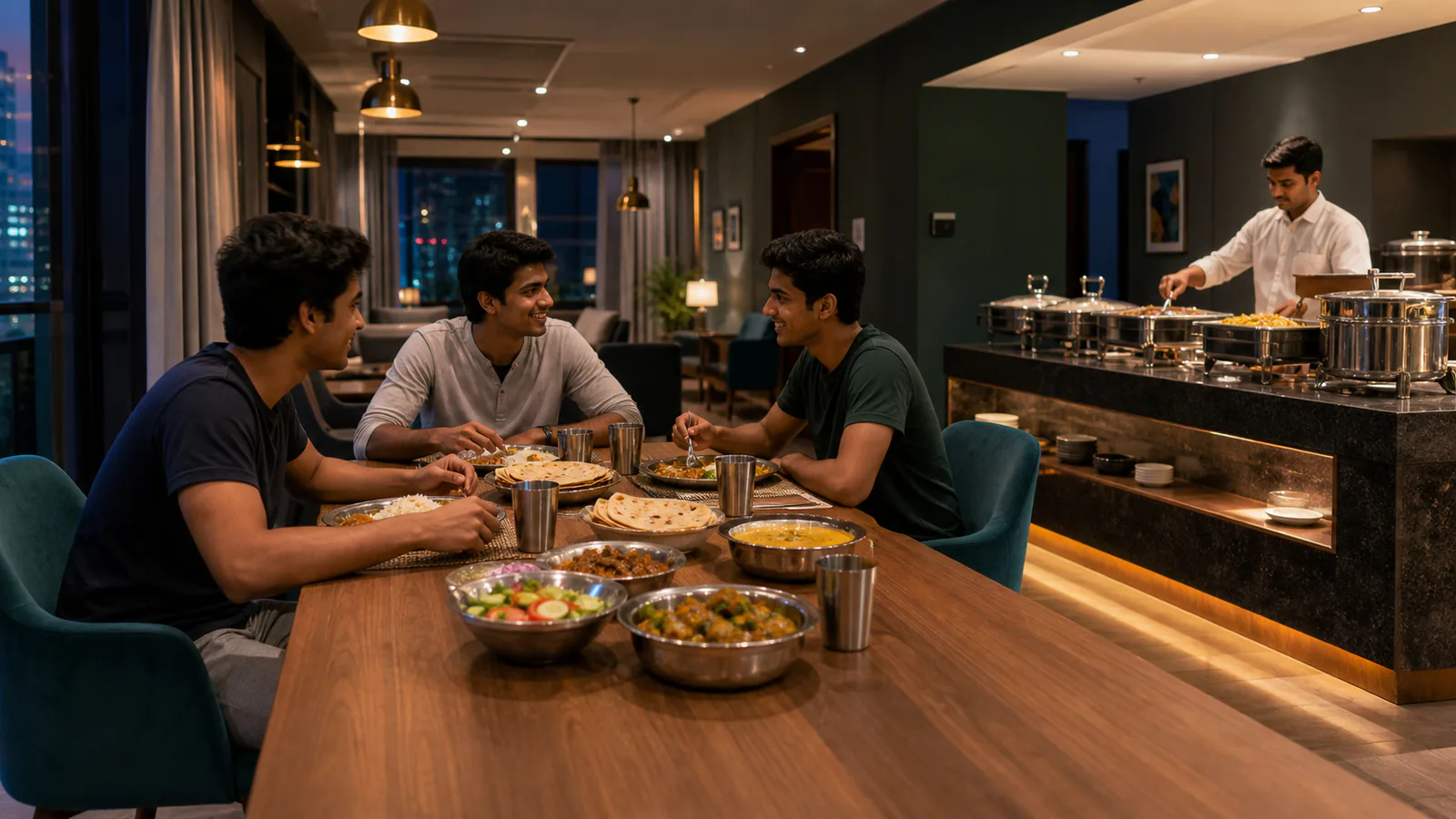 Young men enjoying a fresh dinner in the hostel dining lounge
