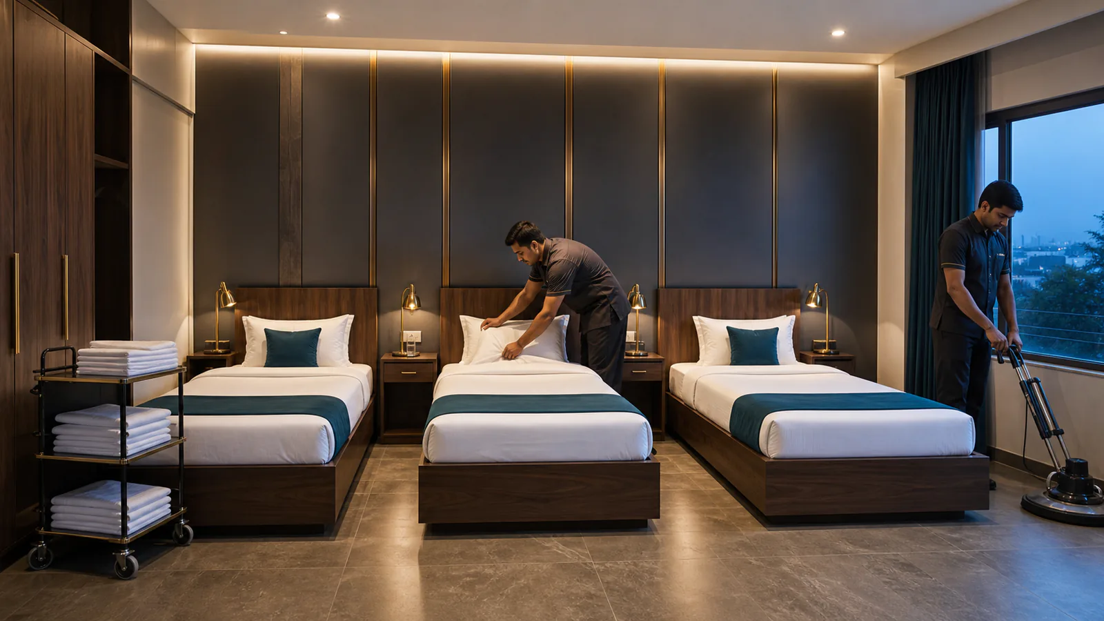 Professional male housekeeping team maintaining the hostel room