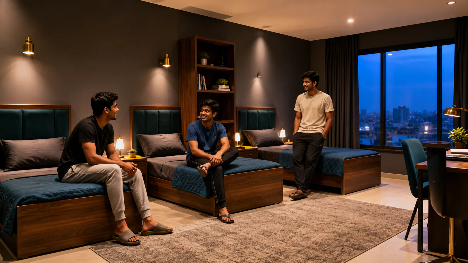 Friends talking in a premium shared boys hostel room